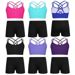 Kids Girls 2 Piece Activewear Set Strappy Sport Bra And Booty Short for Ballet Dancing Tumbling Athletic Gymnastics Workout