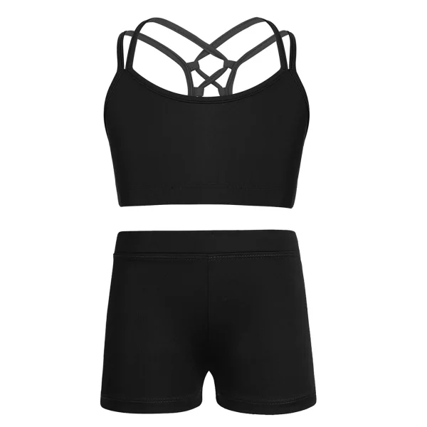Kids Girls 2 Piece Activewear Set Strappy Sport Bra And Booty Short for Ballet Dancing Tumbling Athletic Gymnastics Workout - Image 2