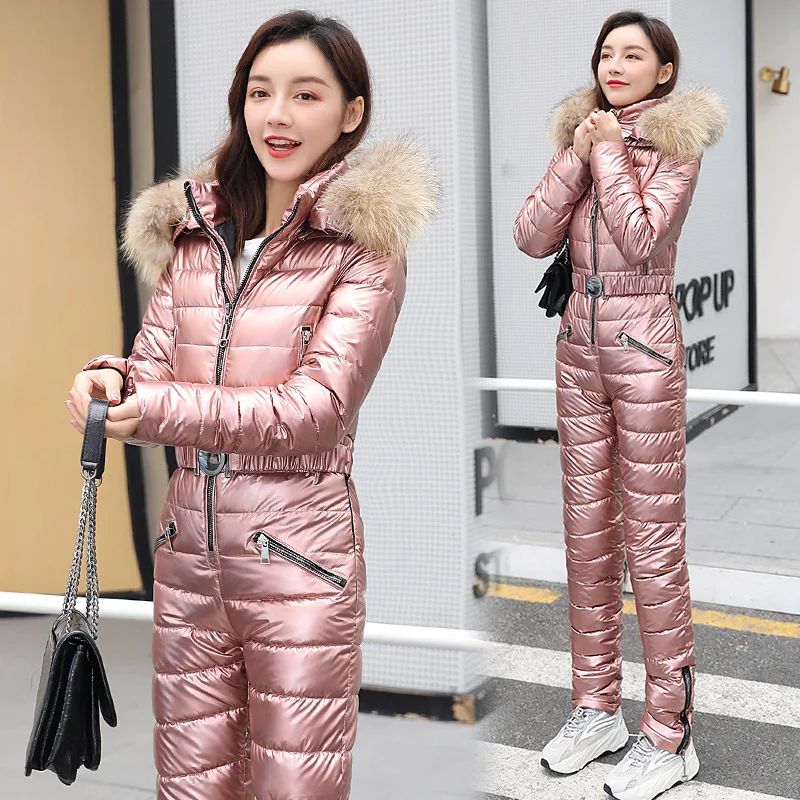 Winter One Piece Ski Suit Women Jackets Hooded Parka Jumpsuit Women Cotton Bodysuit Sashes Jumpsuits Zipper Overalls Tracksuits - Image 3