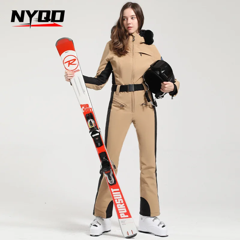 2224One-piece Ski Suit Women's Professional Double Board Thickened Warm Windproof Waterproof Slim Ski Suit Outdoor Ski Equipment